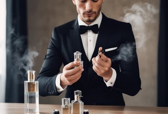 A black and gold cologne bottle rests on dark, crumpled fabric. The bottle has elegant golden details and lettering that enhance its luxurious appearance. The lighting casts rich shadows and highlights, contributing to a sophisticated ambiance.
