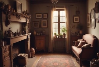 A serene rural setting with a small house surrounded by a dense forest. The foreground features a lush green meadow, and the background is dominated by a misty mountain covered in greenery. The atmosphere is calm and peaceful, with soft natural lighting.