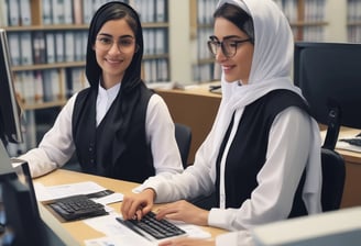 Two women are seated in an office environment, working at a large wooden desk. One woman on the right is typing on a typewriter, while the other woman on the left is sitting with papers in front of her. The office has a traditional aesthetic with a neutral color palette, including a dark filing cabinet in the background and decorative molding on the walls.