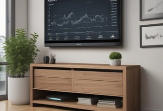 A woman with long hair, dressed in a black tank top and gray pants, is interacting with a smart home device mounted on a wall. She is holding a tablet in her left hand. The setting appears to be a modern home entryway with a wooden door featuring horizontal glass panels. A small side table near the wall supports a plant and some decorative items.