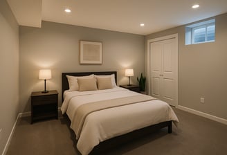 Finished basement bedroom with neutral tones and modern lighting in London, Ontario.