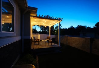 Custom pergola with string lights for shaded outdoor living in London, Ontario