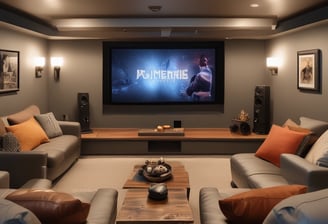 Finished basement with home theatre setup and modern lighting ideal for entertainment or guest space