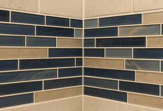 Close-up of high-end bathroom wall tile in blue and beige staggered pattern in London, Ontario.