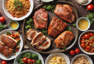 A variety of gourmet dishes are artistically arranged on a wooden table. A black cast iron skillet contains seafood including shrimp and mussels accompanied by a slice of toasted bread. Nearby, a white plate holds a creamy dish adorned with a small garnish. A rectangular black platter features meat or poultry pieces with sesame seeds and greens. At the bottom of the image, a stoneware dish presents sliced meat served in a flavorful sauce with garnishes of greens and red chili peppers. Two glasses of wine, one white and one red, complement the dining setup.