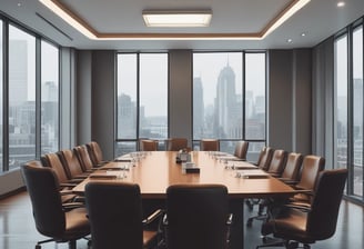 A conference room setting with several laptops on a large table, each being used by a person. A large screen displays a blue interface with the text 'Generate ad creatives from any website with AI'. A stainless steel water bottle and a conference phone are also visible on the table.