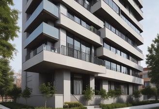 A residential home featuring a mid-century modern architectural style with a light gray facade. The entrance is elevated with a wooden door, sidelight windows, and surrounded by orange-colored metal railings. A garage door is below, alongside a stone wall constructed from large, rounded boulders. The front yard is slightly elevated with a grassy area.