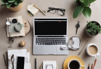 a laptop computer sitting on a table with a cup of coffee and a phone