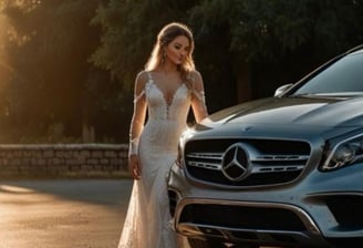 Noiva com um luz de ouro por trás, encostada em uma Mercedes GLA 200 cinza