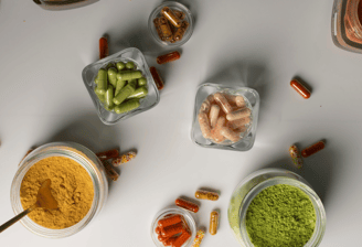 a table with several different types of food in containers