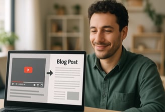 Person converting video to blog post on laptop.