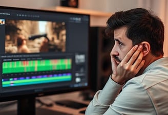 A person looking frustrated at a complex video editing software interface on a computer