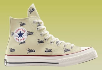 a pair of sneakers with the word, Converse All Star  with collab by Patta