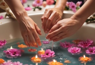 Hände arrangieren schwimmende Kerzen und Blumen in einer Schale.