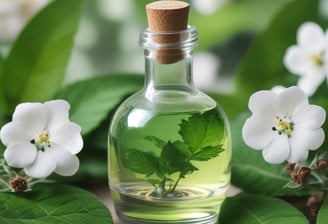 Ein Fläschchen mit hellgrüner Flüssigkeit, umgeben von grünen Blättern und weißen Blüten.