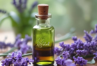 Eine grüne Flasche mit ätherischem Öl und Lavendelblüten auf einem Holztisch.