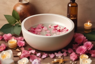 Eine Schale mit Wasser und rosa Blütenblättern, umgeben von Kerzen und einer Flasche ätherisches Öl.