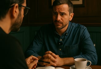 Dos personas reunidas en una cafetería local, conversando sobre un proyecto de marketing