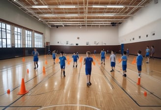 A child in athletic wear is practicing a balance exercise on the gym floor, while an instructor or coach assists nearby. Large orange punching bags are visible in the mirrored background, reflecting the gym setting.