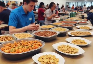 Several cardboard boxes filled with sandwiches and pastries are arranged on a table. The sandwiches, cut into portions, feature various bread types and fillings, including lettuce and other ingredients. In the foreground, croissants are visible on a wooden board, suggesting a casual or catered meal setting.