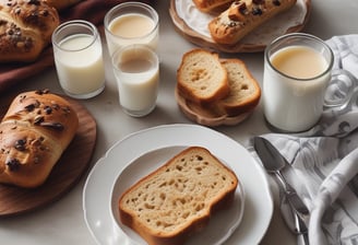 A table set with a variety of breakfast foods, including fried eggs, sausages, grilled meats, and bread in a basket. There are accompaniments like sliced fruits, small bowls of dips or spreads, and a glass of chia pudding with strawberries. A dark bottle, possibly juice or beverage, rests near the plate. The setting suggests an outdoor or brightly lit indoor dining area with a blurred plant in the background.