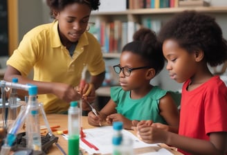 Three children are gathered around a table, intently focused on a colorful activity involving thin, colored sticks. The children appear to be in a classroom or home setting, with kitchen items and writing on a whiteboard visible in the background.