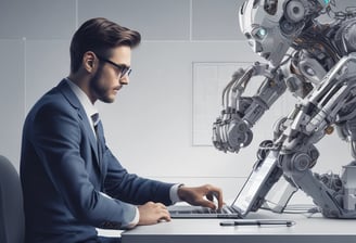 A small, white humanoid robot with blue accents, including eyes, mouth, and a circular badge with the letters 'AI' on its chest, is positioned in front of a blue laptop on a metallic surface. The robot has a simple, smooth design with two cylindrical arms and a small antenna on top.