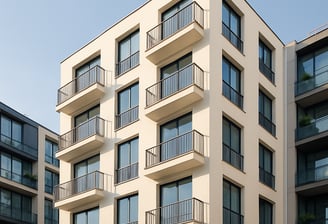 Edificio de apartamentos moderno con balcones y fachada clara, rodeado de otros edificios residencia