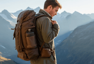 Hombre joven con mochila de senderismo, de pie en una montaña al amanecer, contemplando el paisaje.