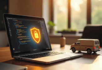 Portátil con icono de seguridad encendido y mini furgoneta sobre una mesa de oficina, al atardecer.