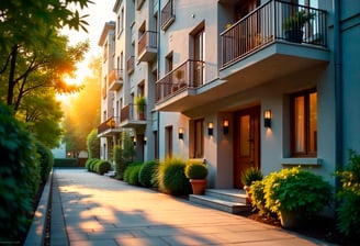 Edificio residencial moderno al atardecer, con balcones, luces encendidas y vegetación cuidada.