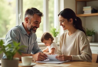 Familia sonriente revisando documentos en casa, en un ambiente cálido y natural.