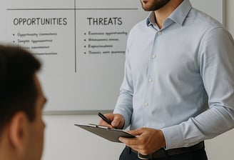 A professional man holding a clipboard stands in front of a whiteboard with a visible SWOT analysis,