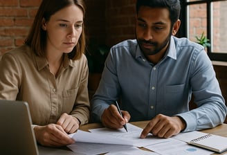 A South Asian man and a Caucasian woman in business casual attire sit at a wooden table in a brick-w