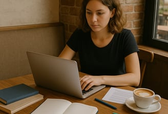a woman sitting at a table with a laptop and a cup of coffee