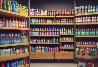 A supermarket aisle filled with various cleaning products, organized neatly on shelves. Promotional sale tags are visible on many items, indicating discounted prices. A promotional stand-up banner on the left features a smiling woman holding clean laundry, with a slogan in Hindi.