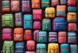 A stylish display in a store showcasing a variety of footwear and accessories. In the center, there is a black leather backpack with a prominent brand logo. Below, a black woven handbag with a gold 'P' detail. Surrounding the central items, various pairs of shoes, including sandals, high heels, and sneakers, are neatly arranged on shelves.