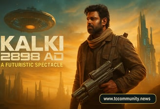 Futuristic digital poster for Kalki 2898 AD, featuring Prabhas in a high-tech sci-fi