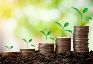 a stack of coins with a plant growing out of it