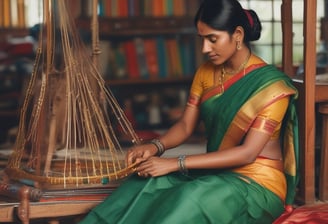 A textile shop displays an array of colorful fabrics neatly stacked on shelves. A man in traditional attire appears to be organizing or handling the fabrics. Three other men in similar attire are seated outside the shop, engaged in conversation while having tea. The shop has signs with text in what appears to be Bengali or a similar script.