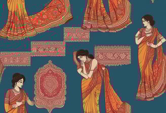 A bustling outdoor market scene with several women browsing and selling colorful traditional clothing. The garments, including vibrant sarees and dresses, are displayed both hanging and stacked on the sidewalk. The setting is lively with people interacting, some seated on small stools while others stand or browse through the fabrics. Trees and makeshift stalls form the backdrop.
