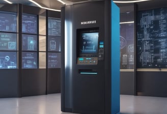 A cryptocurrency ATM is situated in a modern indoor setting. A neon sign that reads 'Bitcoin Accepted Here' is prominently displayed on the wall. A person in the foreground appears slightly blurred, sitting at a table with a cup. The room has a bright and minimalistic design with a clean, industrial look.