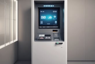 A cryptocurrency ATM is positioned in a modern shopping mall, flanked by two informational signs. The left sign lists currencies available for transaction including Bitcoin, Ethereum, Litecoin, and others, with a company logo at the bottom. The right sign invites users to exchange crypto, displaying symbols and a company logo. Shopper moving with a cart is visible in the background, along with clothing stores.