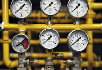 A complex arrangement of pipes, gauges, and valves typically found in a utility or maintenance room. The pipes are labeled for different water types, such as tempered water, domestic hot water, and domestic cold water. Several circular gauges display pressure readings, and there are multiple valves with yellow handles.