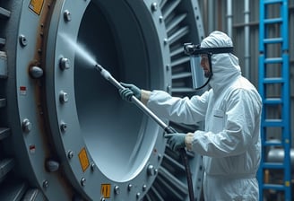 Industrial technician in cleaning a massive power generator or turbine using dry ice blasting.