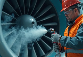 Industrial worker in red safety helmet cleaning an aircraft jet engine using dry ice blasting technique.