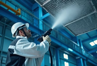 Industrial technician using a dry ice blasting machine to clean a ventilation system