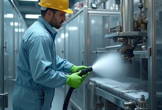 Close-up of industrial technician's gloved hands operating a white dry ice blasting gun on red equip