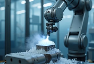 Close-up of an industrial robotic arm performing precision dry ice cleaning 