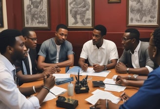 A group of people sit around a wooden table engaged in a discussion, with sheets of paper in front of them marked with diagrams and the words 'Diabetes Advocacy'. There is a bright, natural light coming from a nearby window, and everyone appears focused on sharing ideas, as some take notes with colored markers.